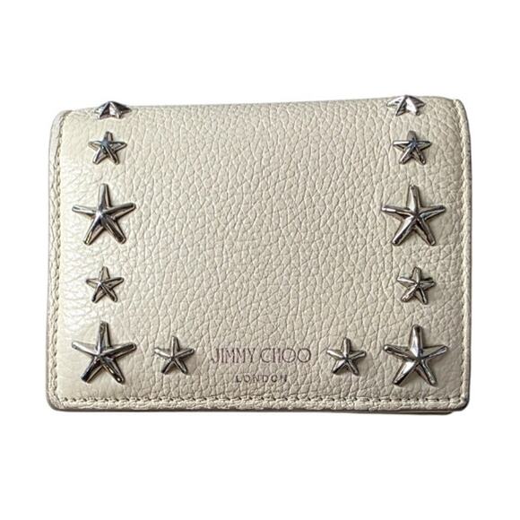 Jimmy Choo London Hanne Leather Cream Green Bifold Card Coin Wallet Silver Stars - Picture 1 of 15